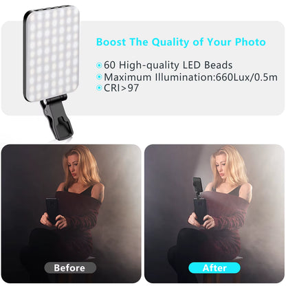 LED Selfie Light 60 High Power Rechargeable Clip Fill Video Light for Phone Ipad with Front & Back Clip Adjusted 3 Light Modes