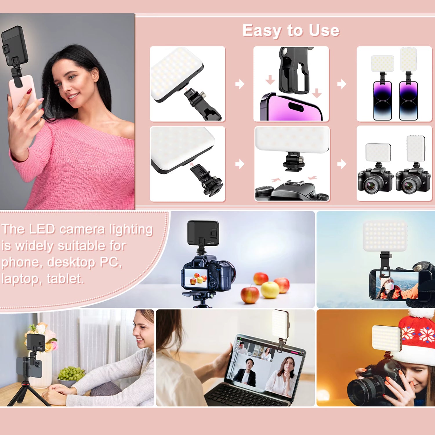 LED Selfie Light 60 High Power Rechargeable Clip Fill Video Light for Phone Ipad with Front & Back Clip Adjusted 3 Light Modes